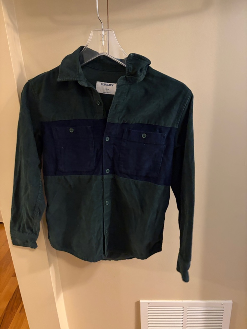 Old Navy Boy’s Dark Green Button-Down Shirt with Navy Chest Panels